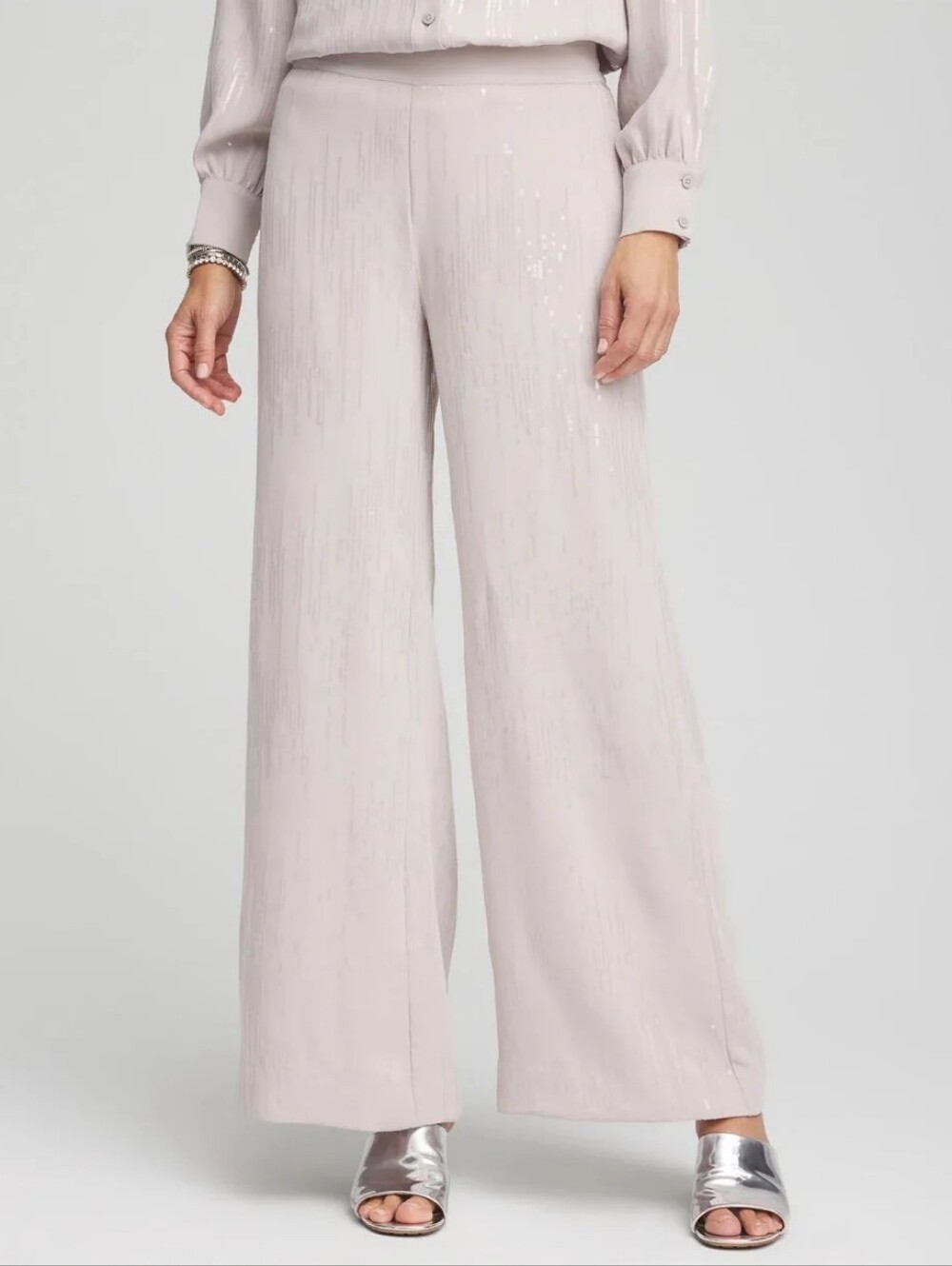 Chico's Wide Leg Sequin Pants Size US 10 Champagne Cream Soft Beige NWT